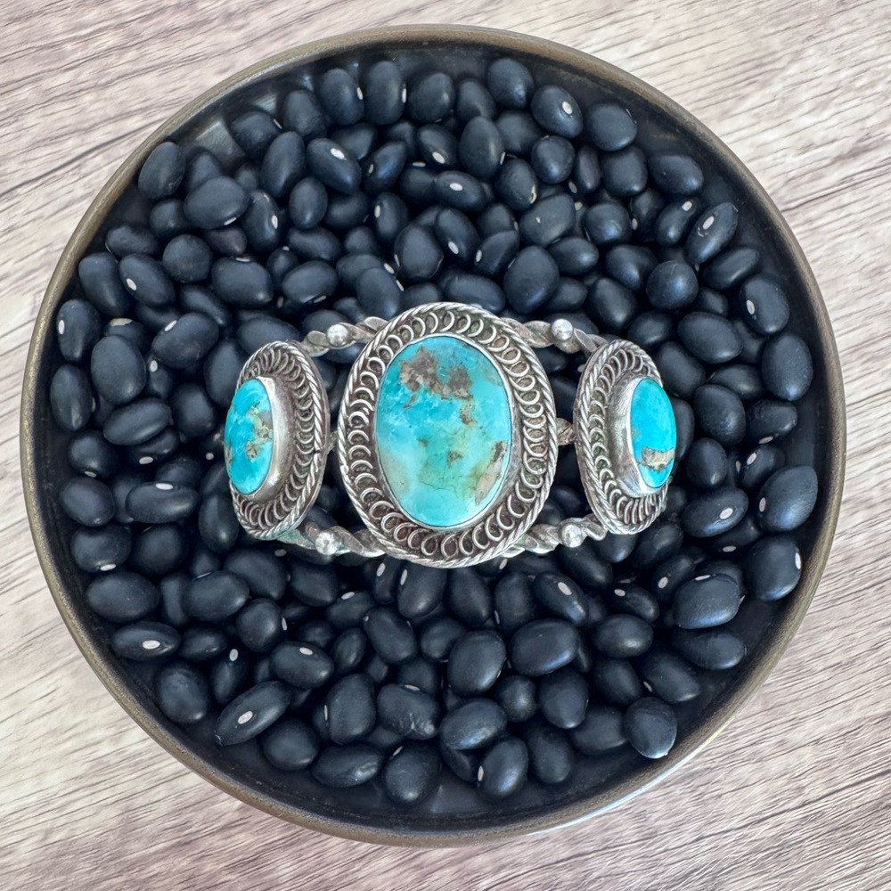 Huge Old Pawn 3 Turquoise Sterling Silver Twisted Looped Cuff Bracelet